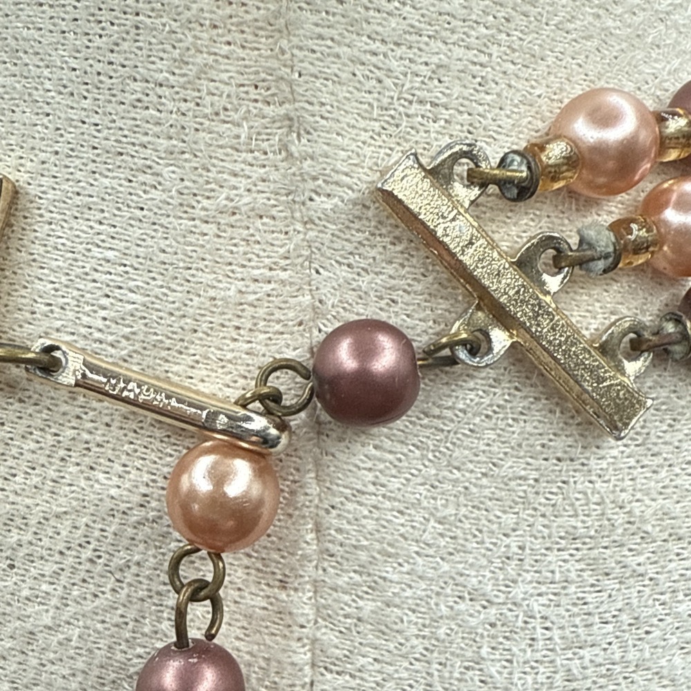Vintage Japan Triple Strand Faux Pearl Necklace Peach Brown Orange 17-19 inches - Picture 6 of 10